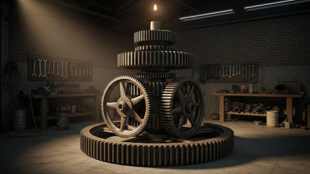 3D render of a gear wheel in a factory. 3D rendering.の素材