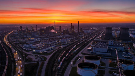 Aerial view of oil refinery at sunset in Frankfurt am Main, Germanyの素材
