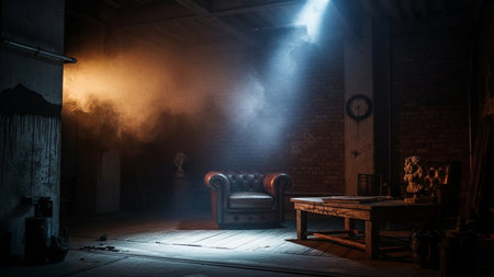 Mysterious dark room with armchair and fireplace. Horror Halloween conceptの素材