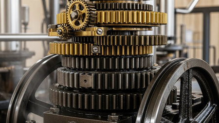 Close up of gears and bearings of modern industrial machine. Industrial backgroundの素材