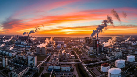 Aerial city view with smokestack at sunset, Polandの素材