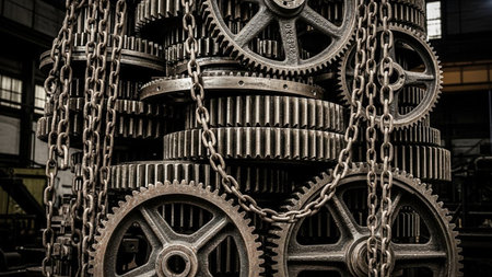 Industrial gears and chain in a factory. Black and white.の素材