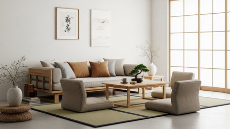 Modern living room interior design with sofa, armchair and wooden table. 3d renderingの素材