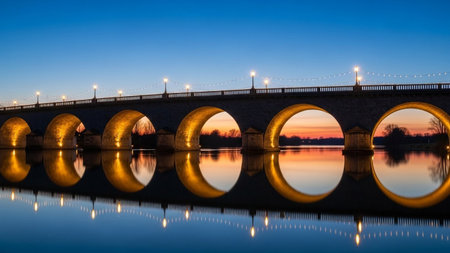Bridge over the river at sunset with reflection in water. Long exposureの素材