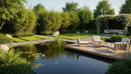 3d rendering of a beautiful garden design with a pond and chairの素材