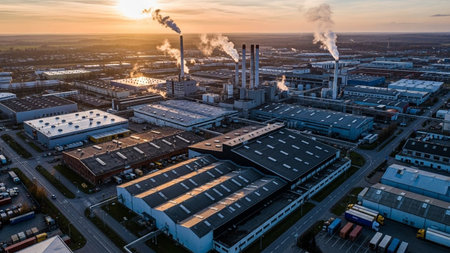 Aerial view of a power station with smokestacks at sunsetの素材