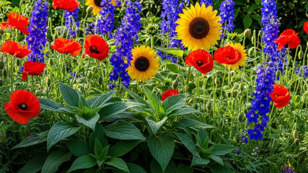 Colorful flowers in the garden on a sunny summer day. Landscape design.の素材