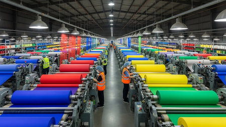 The workers are busy in the production line, in the ZeAo spinning LTD.,, Luannan county, hebei province, China.の素材