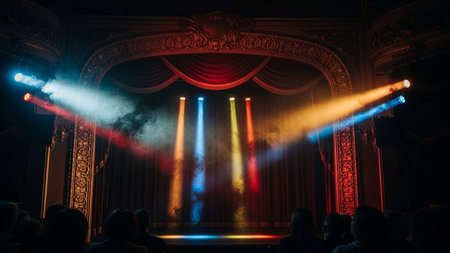 Theater stage with lights and smoke. View from the back.の素材