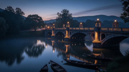 Old bridge over the river at night with boats on the water.の素材