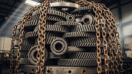Industrial background. Gears and chain on the mechanism of the machineの素材