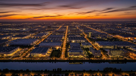 Aerial view of a city at dusk. Panoramic view.の素材