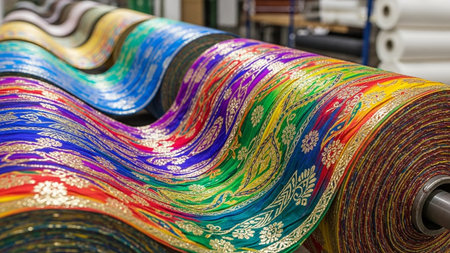 Colorful silk fabric rolls in a textile factory, close-upの素材