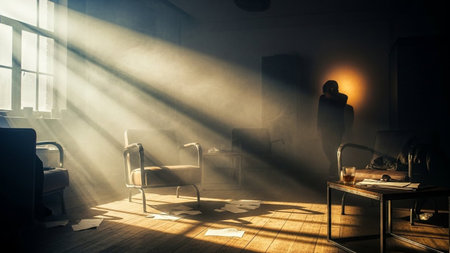 Silhouette of a woman sitting in a chair in a room with a foggy window.の素材