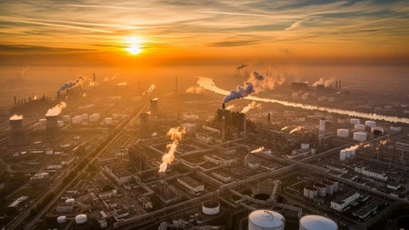 Aerial view of a large industrial area with chimneys at sunriseの素材
