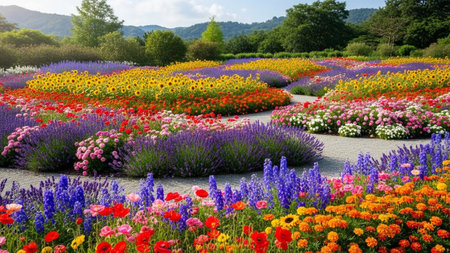 Colorful flower garden in the springtime with many colorful flowers.の素材