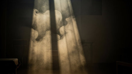 Silhouette of a man in a dark room with a light coming through the windowの素材