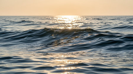 Sunset on the sea. Sea wave close-up. Water surface.の素材