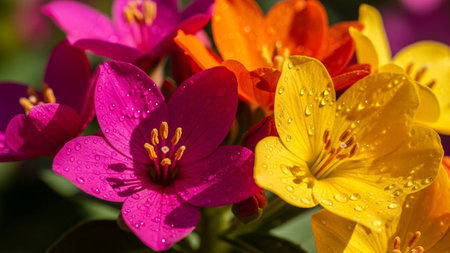 Colourful spring flowers with water drops. Selective focus.の素材