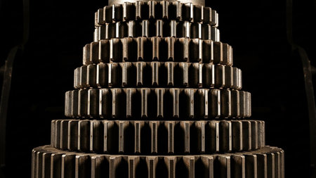 Gear wheels in a factory, close-up. Industrial background.の素材