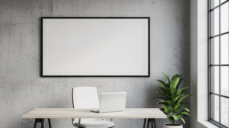 Interior of modern office with white wooden walls, concrete floor, white computer table with white chairs and horizontal mock up poster frame. 3d renderingの素材