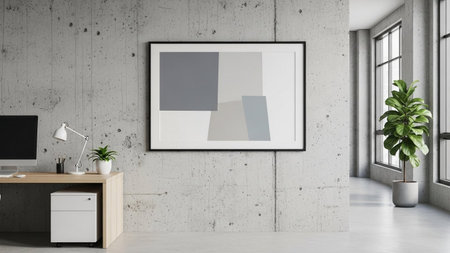 Modern office interior with blank poster on concrete wall. Mock up, 3D Renderingの素材