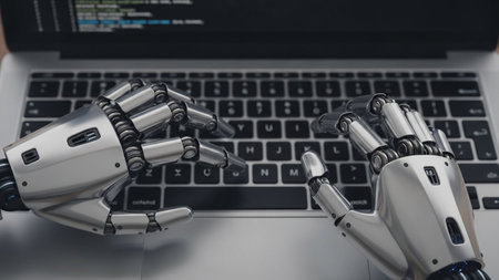 Robot hand typing on laptop keyboard, artificial intelligence and machine learning conceptの素材