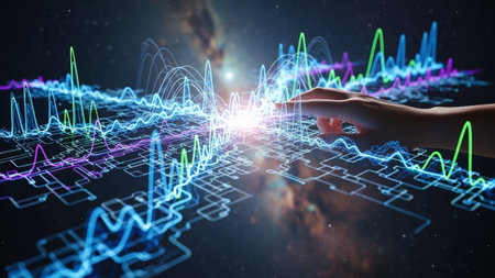 Hand touching abstract glowing forex chart interface on dark background 3D renderingの素材