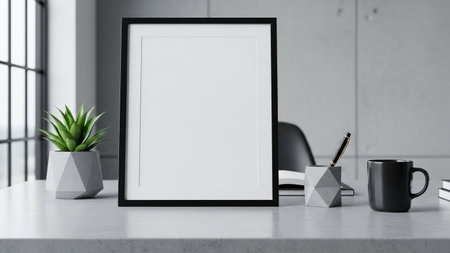 Mock up poster frame on white table in modern office. 3d renderの素材