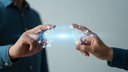 Businessman and businesswoman on blurred background using digital circuit interface 3D renderingの素材