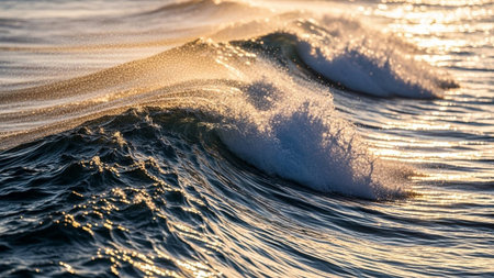 Waves on the surface of the sea at sunset. Close-up.の素材