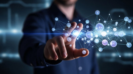 Businessman on blurred background using flying network connection interface 3D renderingの素材