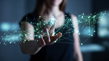 Businesswoman on blurred background using digital network hologram 3D renderingの素材