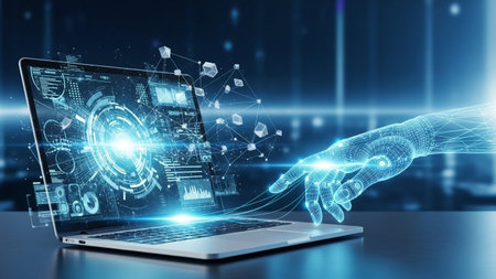 Futuristic hand touching hologram screen of laptop 3D renderingの素材