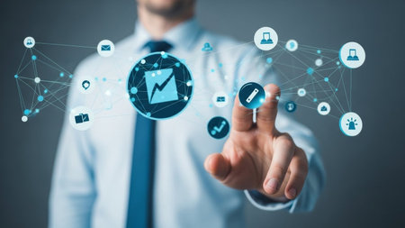 Businessman on blurred background using digital interface with icons 3D renderingの素材