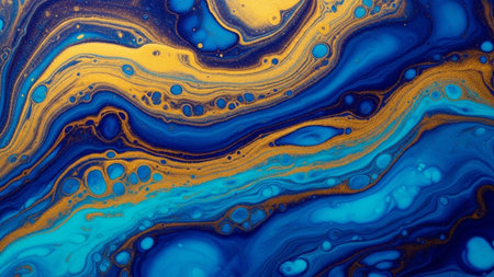 Marbled blue abstract background with golden sequins. Liquid marble ink pattern.の素材