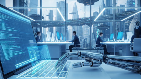 3d rendering humanoid robot working on laptop computer in modern office.の素材