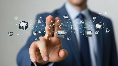 Businessman on blurred background using flying network connection interface 3D renderingの素材