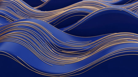 3d rendering of blue wavy background with golden lines. Computer digital drawing.の素材