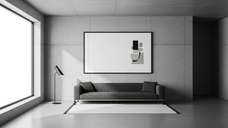Interior of bright living room with gray sofa and blank poster on wall. Mock up, 3D Renderingの素材