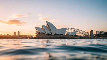 Sydney Opera House and Sydney Harbour Bridge at sunset, Australiaの素材