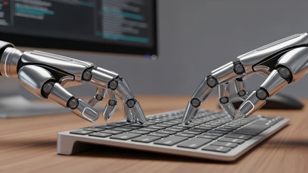 Robot hand typing on computer keyboard. 3D rendering illustration.の素材
