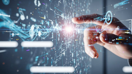 Businessman on blurred background using digital holographic interface 3D renderingの素材