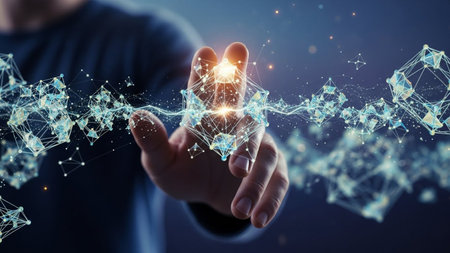 Businessman on blurred background using digital 3D rendering sphere with connection linesの素材