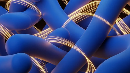 Abstract 3d rendering of chaotic wavy shape. Bended lines with glowing effect. Futuristic background.の素材