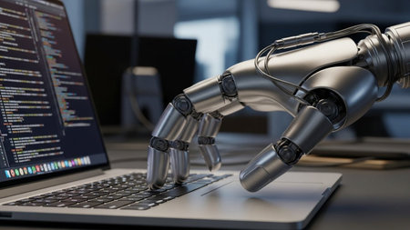 Robot hand typing on laptop keyboard. 3D rendering. Robotic arm.の素材