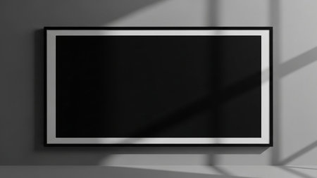 Blank black picture frame mockup on white wall. 3D renderingの素材