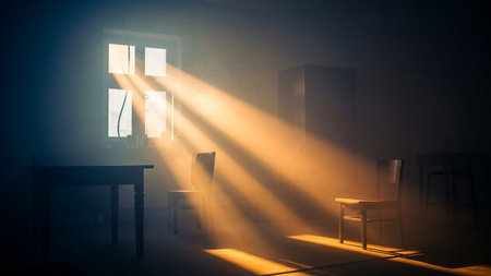 Silhouettes of chairs and table in a dark room with fogの素材