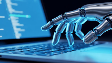 Robot hand typing on laptop keyboard. 3d illustration of artificial intelligence conceptの素材