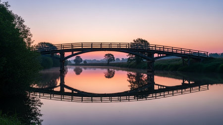 Sunset over a lake with a bridge and reflection in the waterの素材
